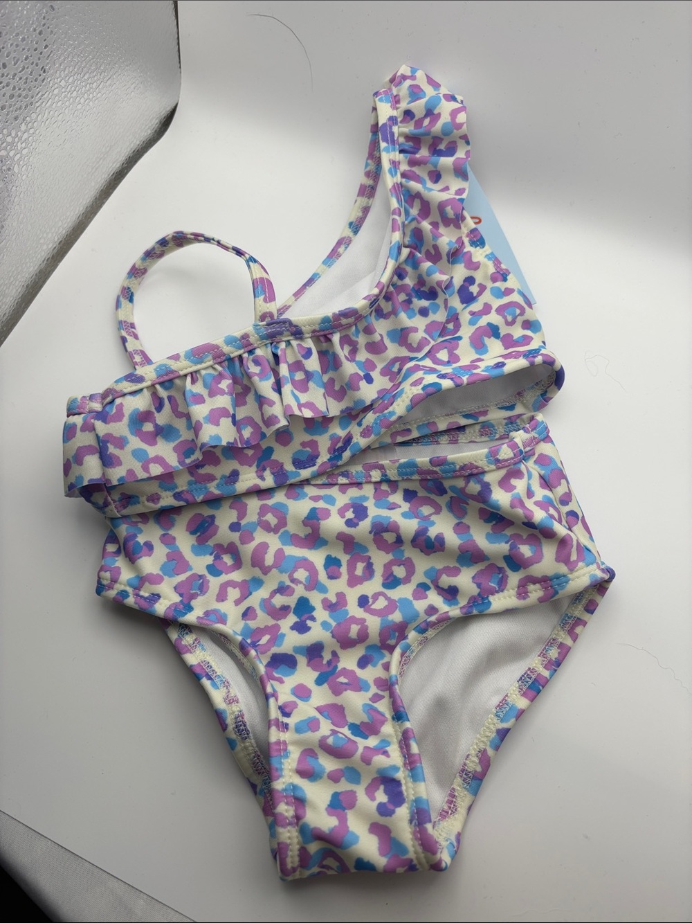 Cat & Jack Girls One-Shoulder Ruffle Leopard Swimsuit - Purple & Blue